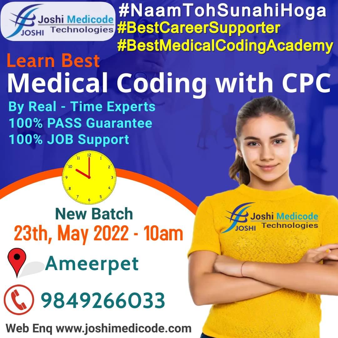 ysirishkumar's tweet image. #bestmedicalcodingacademy
#naamtohsunahihoga
New Batch from 23/05/22, 10am @ Ameerpet Location
Real - Time Medical Coding with CPC by Experts @ "Joshi Medicode Technologies"- Hyderabad & Warangal
Join with us & get success.👍
for more info ☎️ 9849266033 /9032089136 / 9032695333