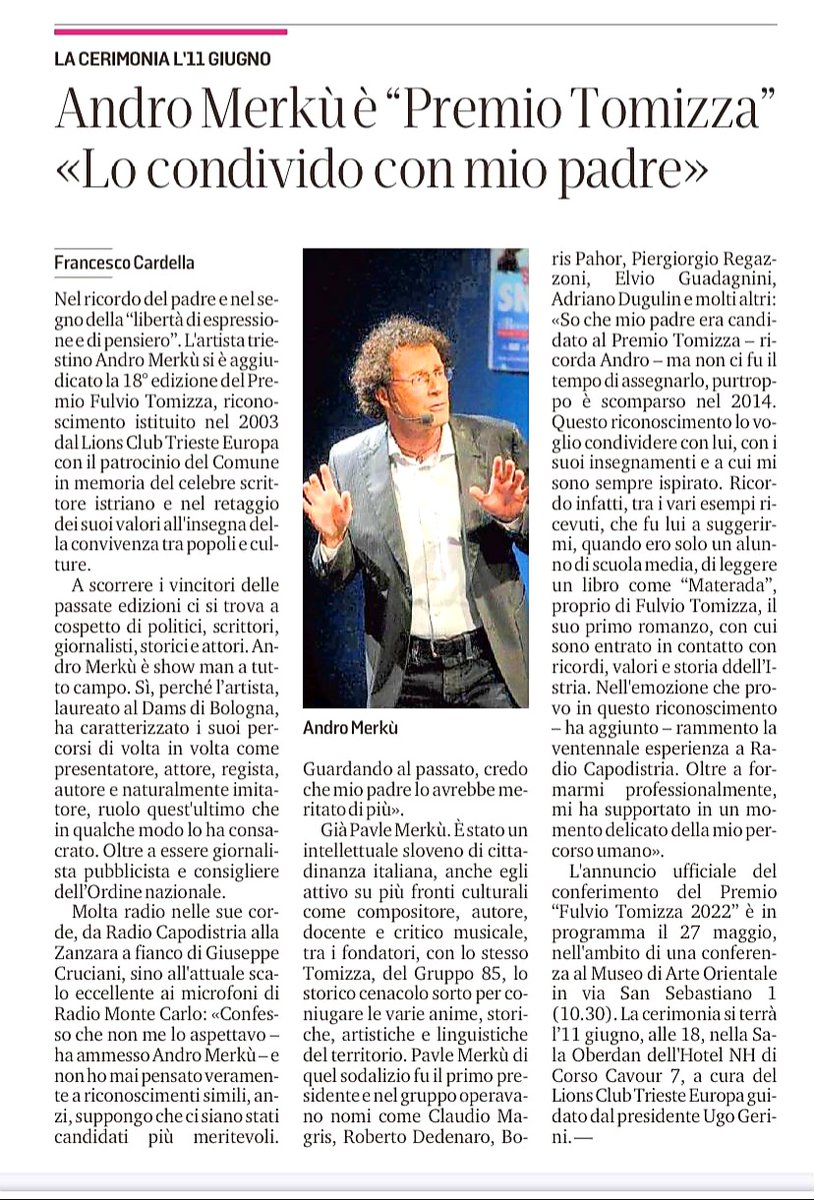 andromerku's tweet photo. Ringrazio Francesco Cardella, @boria_a e @il_piccolo per l'articolo e per aver ricordato mio papà.
#Premio #Tomizza
@rmc_official #PACE https://t.co/QdkQzjXSLR