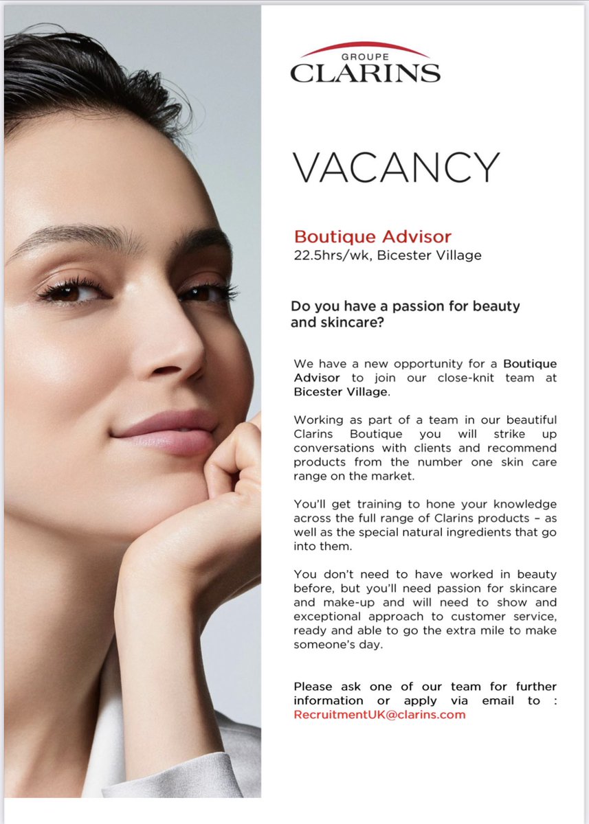 ArtyAdz's tweet photo. With growth comes more opportunities. 
Join me and my fabulous team at CLARINS Bicester Village 
Tuesday-Saturday-Sunday position available. https://t.co/VGWvxFdhBX