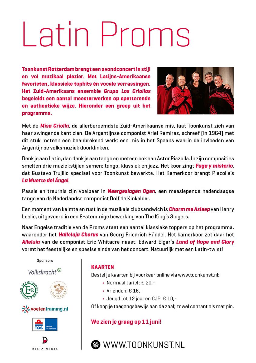 We verheugen ons enorm op het vrolijke Latin Proms concert op 11 juni a.s.! Een mix van Argentijnse volksmuziek van Ramirez en Piazzolla, Engelse  Promsklassiekers en een paar leuke verrassingen! We gaan dansend de zomer in! Ook zin in dansen? Tickets op toonkunst.nl