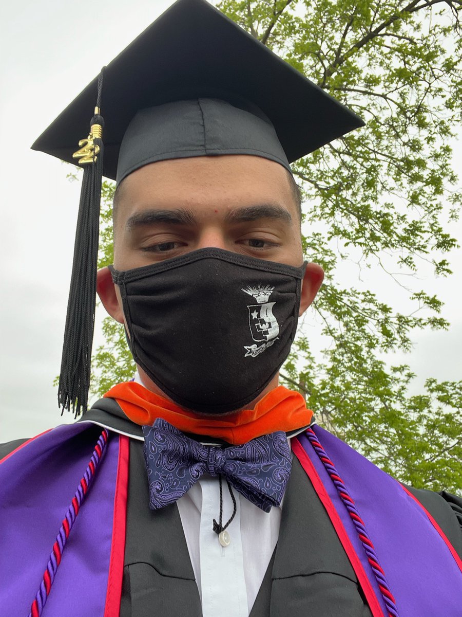 FGCUDeiros's tweet photo. Eric's Graduation Selfie--what do you like better:  fresh cut, special mask, bow tie, or color combo?  Thank you to our family and friends.  Coolest part of being a college coach is players/colleagues at @FGCUEagles Athletics who helped raise him....appreciate you all!! https://t.co/wjJTe3gwjb