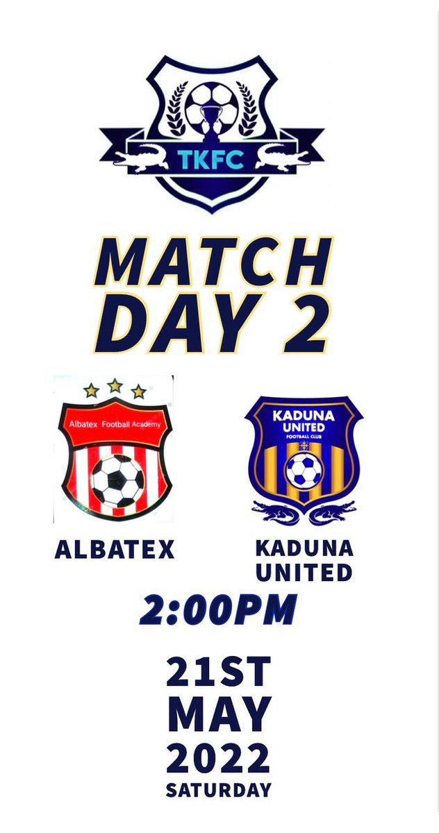 It’s Match Day 2 of @tkfc_kd as we lock horns with Albatex Football Academy 
⏰ 2PM
🏟 Kaduna Township Stadium