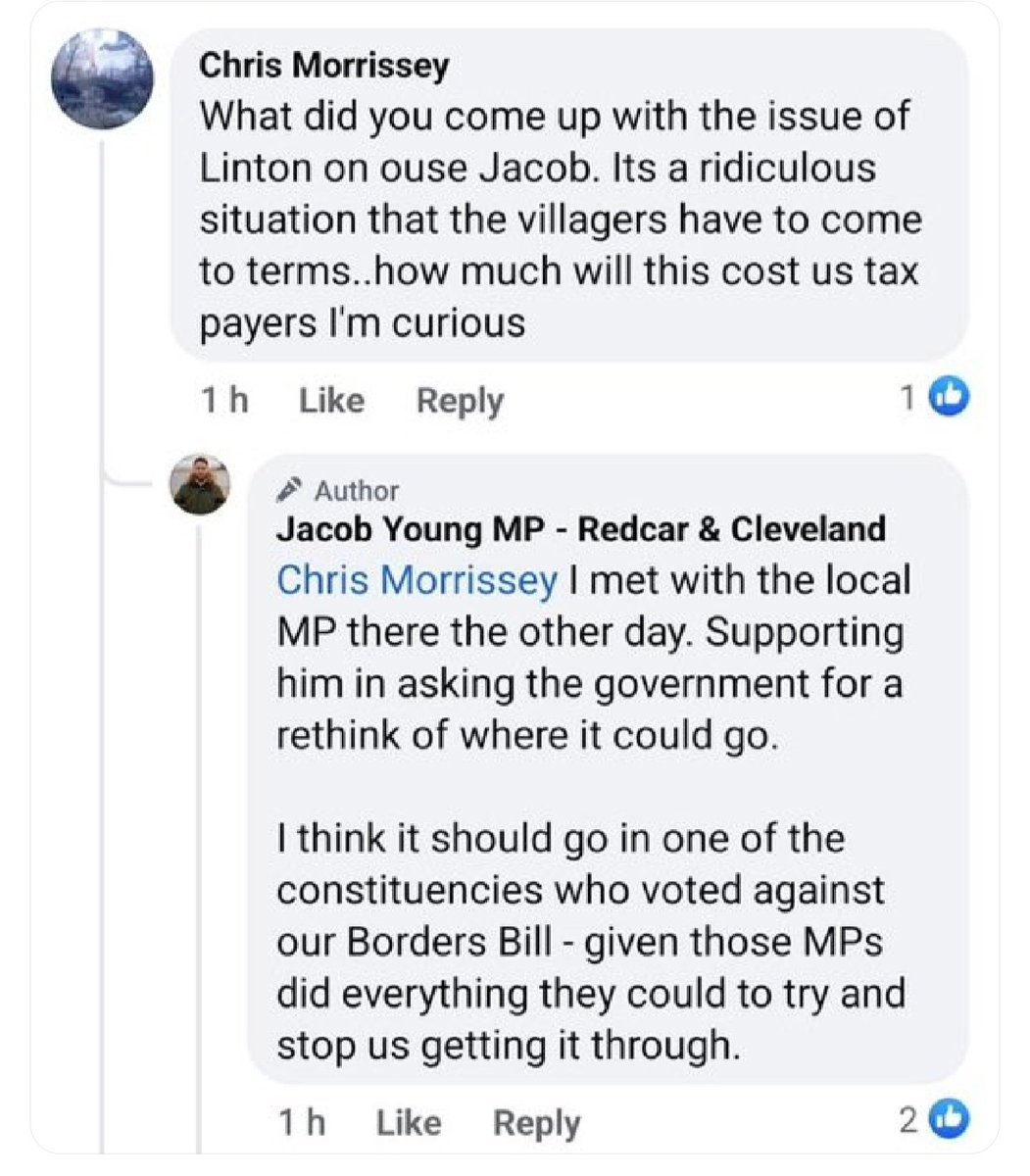 DigitizedR's tweet image. Just a MP saying that 1500 asylum speakers should be dumped on those that voted against a bill that would cause what's happening in Linton On Ouse. Yes a bill 'that caused' the situation. Let that sink in. He's a bright lad ain't he @JacobYoungMP One term wonder.