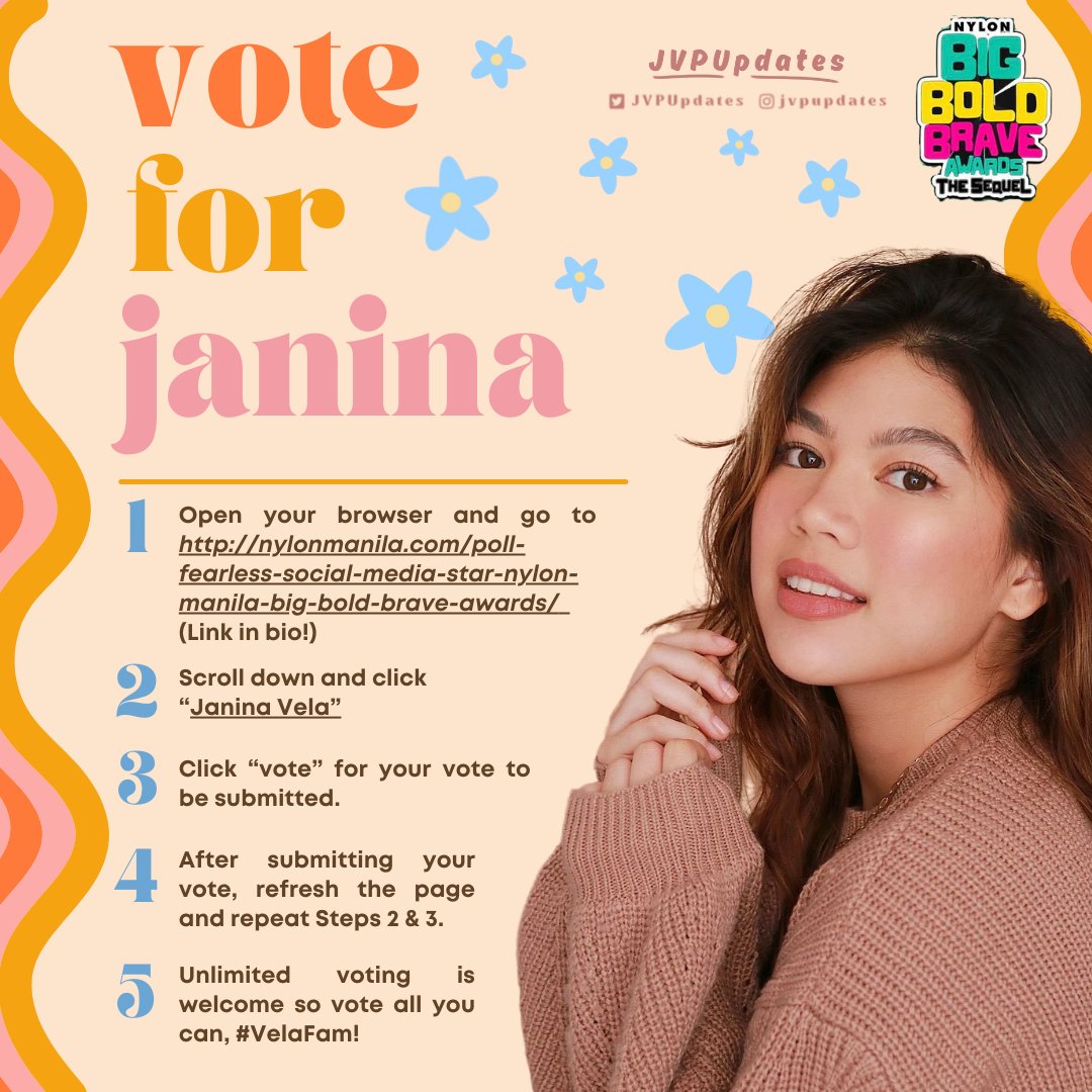 JVPUpdates's tweet photo. 📢 #VelaFam! Janina Vela has recently been nominated in Nylon Manila’s Big Bold Brave “Fearless Social Media Star” award 🤩 Here’s how you can vote for JV! Ilaban at ipanalo natin ‘to because JV deserves this 😌 Vote all you can, DAILY!! 💗
🔗: https://t.co/hIMRsYRWkM https://t.co/jkBV6llWGB