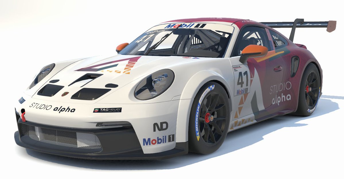 DesignsNeedham's tweet image. A #iracinglivery for the @pcasimracing Pro vs Pro series. Using the Studio Alpha branding logo as inspiration for this @PorscheMsport 992 Cup car #carpaint #customcarpaint #iracingpaint  Join discord to request your own custom paint needhamdesigns.uk/discord