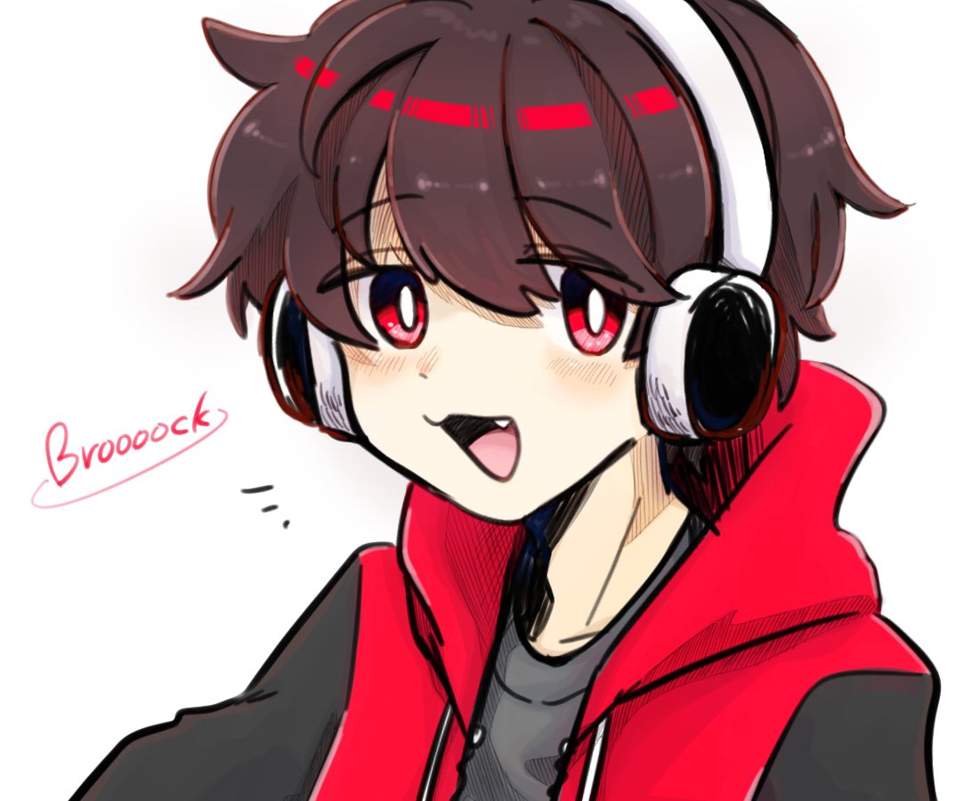 1boy male focus headphones red eyes hood solo fang  illustration images
