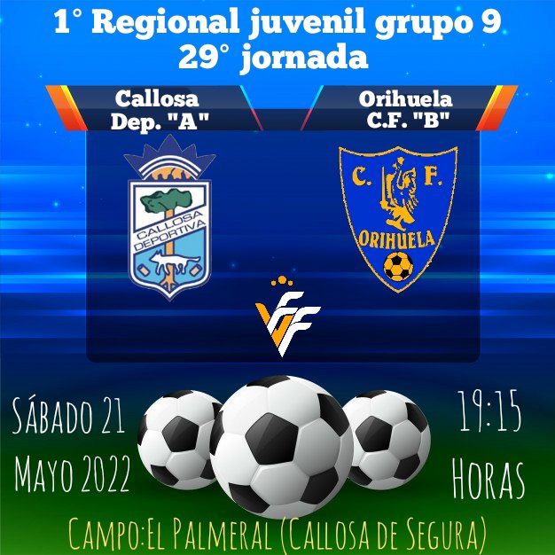 callosadptva's tweet photo. .
⚽ DIA DE PARTIDO DEL JUVENIL A ⚽

Jornada 29 Primera Regional (Grupo 9)

Juvenil A Callosa Dtva 🆚 Orihuela C.F. B

⏲️ 1️⃣9️⃣.1️⃣5️⃣ Horas 
👉 Municipal " El Palmeral "

#AlexSolano @toskaniko_19
@ChichaJaka @FcoMonera 
. https://t.co/7pwfilxVZi