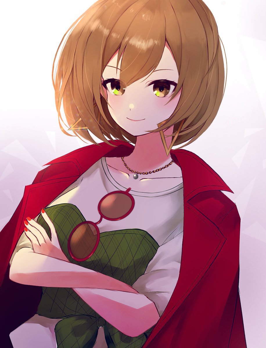 meiko (vocaloid) 1girl eyewear hang solo brown hair jacket on shoulders jewelry necklace  illustration images