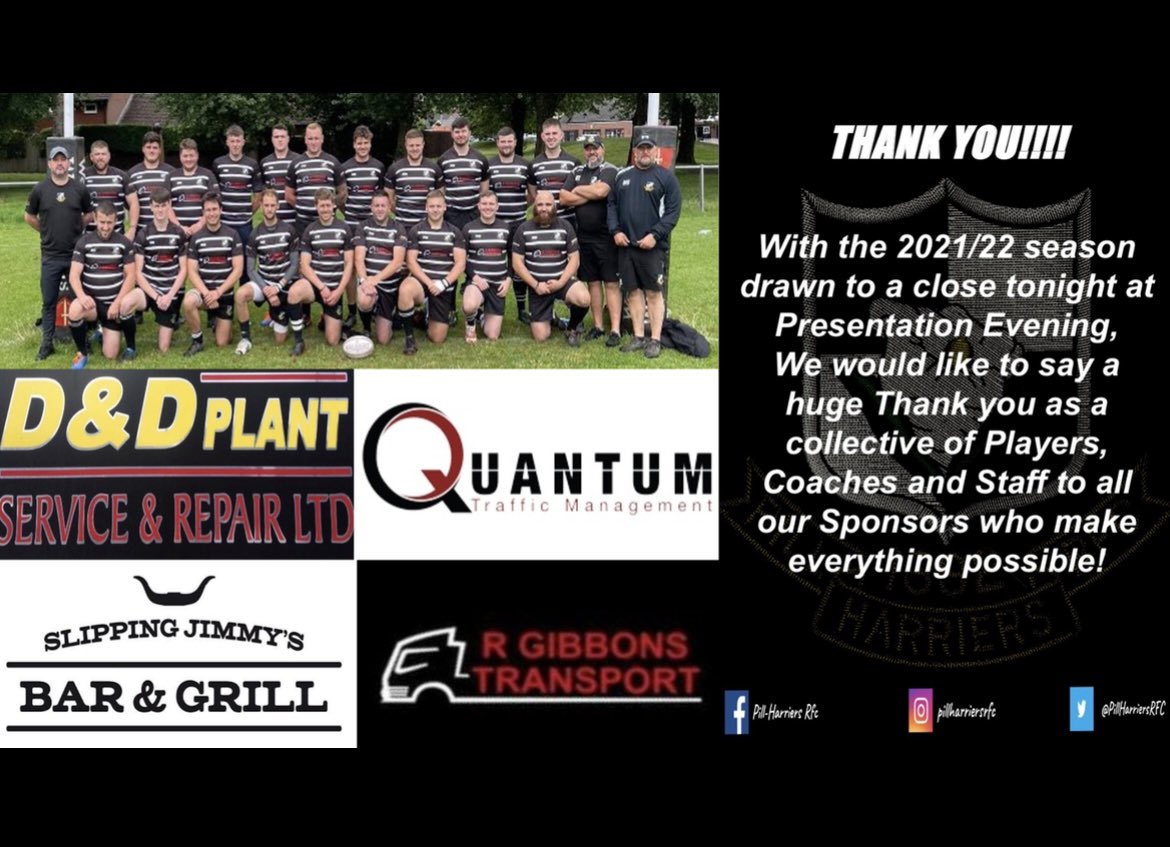 PillHarriersRFC's tweet photo. Thankyou all for being part of the Pill Harriers family🖤🖤 

•Slipping Jimmy's Bar&amp;Grill 
•D&amp;D Plant Service &amp; Repair Ltd 
•Quantum Traffic Management 
•R Gibbons transport https://t.co/QwXRH96UPc