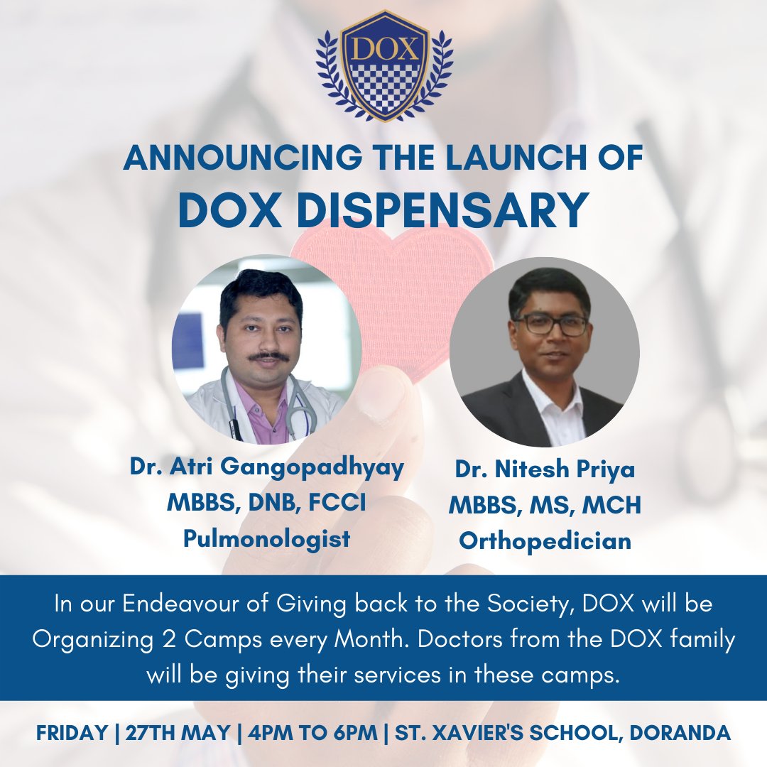 DOX announces our Newest initiative - DOX Dispensary, a Bi-weekly health camp as our service to the society. Starting 27th May @JharkhandCMO @DC_Ranchi @jaaindia @Rahul_Jain1976 @budhiaa @vpatodia @deepakgarodia @NishitChopra1  @iAtulAgrawal