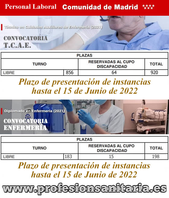 Convocatoria de 920 plazas de TÉCNICOS/AS DE ENFERMERÍA y 198 de ENFERMEROS/AS de la COMUNIDAD DE MADRID (Instancias hasta el 15-Junio-2022)... FTRLHMfWAAI_2Fn?format=jpg&name=small