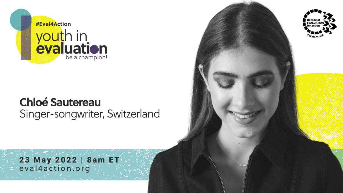 Join us in celebrating the spirit of youth in evaluation!
 
Featuring: @iamsautereau singer-songwriter from Switzerland!
 
Catch her live with Gaurav Vohra, Luka Simic &amp; Lloyd Semo on 23 May, 8am ET

Register: eval4action.org/youth-in-evalu…
#Eval4Action