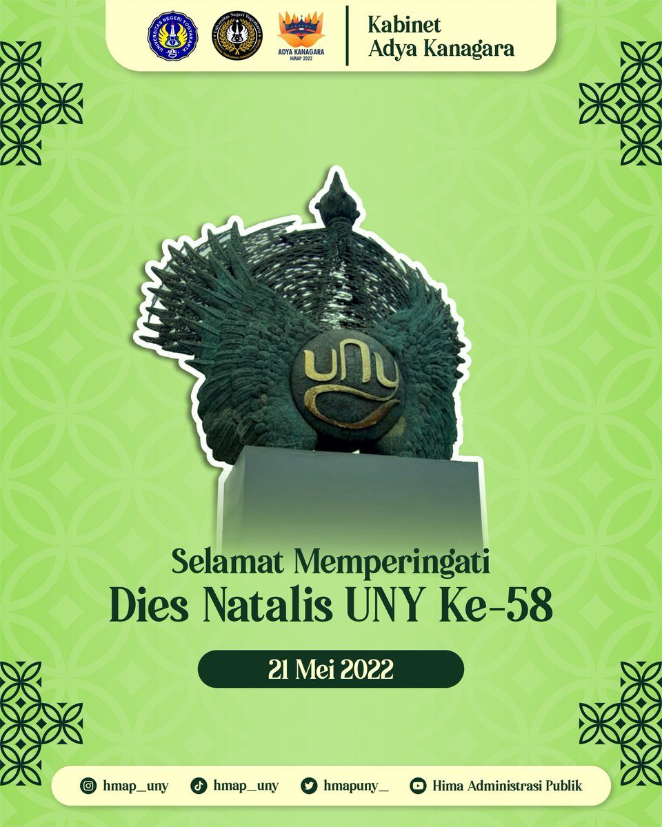 HMAPUNY_'s tweet photo. [MEMPERINGATI DIES NATALIS UNY KE-58]

Selamat memperingati Dies Natalis UNY Ke-58 pada 21 Mei 2022. Semoga UNY dapat menjadi universitas unggulan dan semakin banyak mencetak lulusan-lulusan yang berkualitas dan berdaya saing global✨ https://t.co/lA2KcFVByY