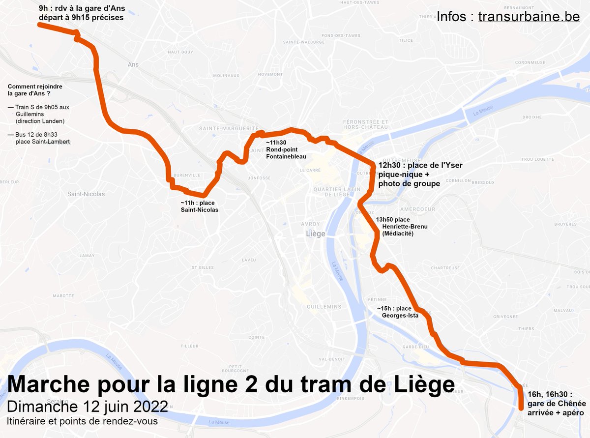 Petit mémo pour la marche du 12 juin : l'itinéraire et les points de rendez-vous. À faire circuler ! #Transurbaine #Liège #tramliege