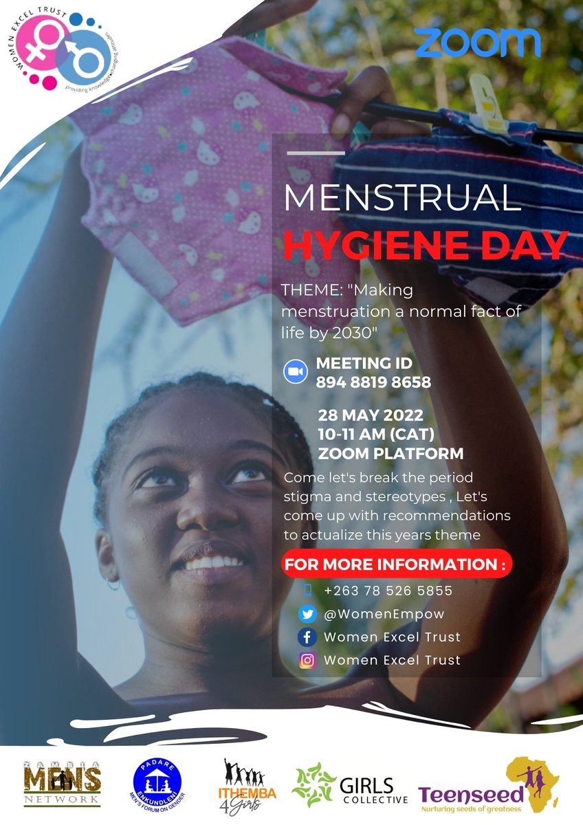 WomenEmpow's tweet photo. Menstrual Hygiene Day commemoration, Come join us and our regional partners as we will be confronting myths and misconceptions towards menstruation issues.

Link : https://t.co/W57QCZaeTe
Date ; 28 May 2022
Time : 1000hrs 
@AU_WGDD @PlanAULiaison @PadareMen @ZambiaMensNet https://t.co/6gaZK5NXYA