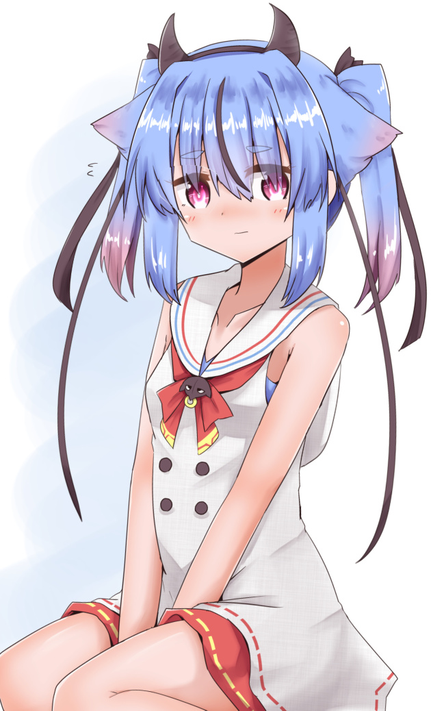 horns blue hair twintails sailor collar gradient hair sleeveless sitting  illustration images