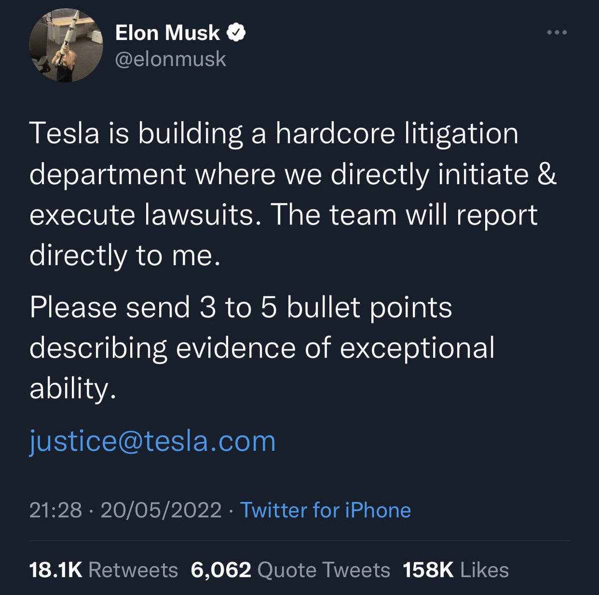 Tweet from Elon Musk which reads: Tesla is building a hardcore litigation department where we directly initiate & execute lawsuits. The team will report directly to me. 

Please send 3 to 5 bullet points describing evidence of exceptional ability.

justice@tesla.com