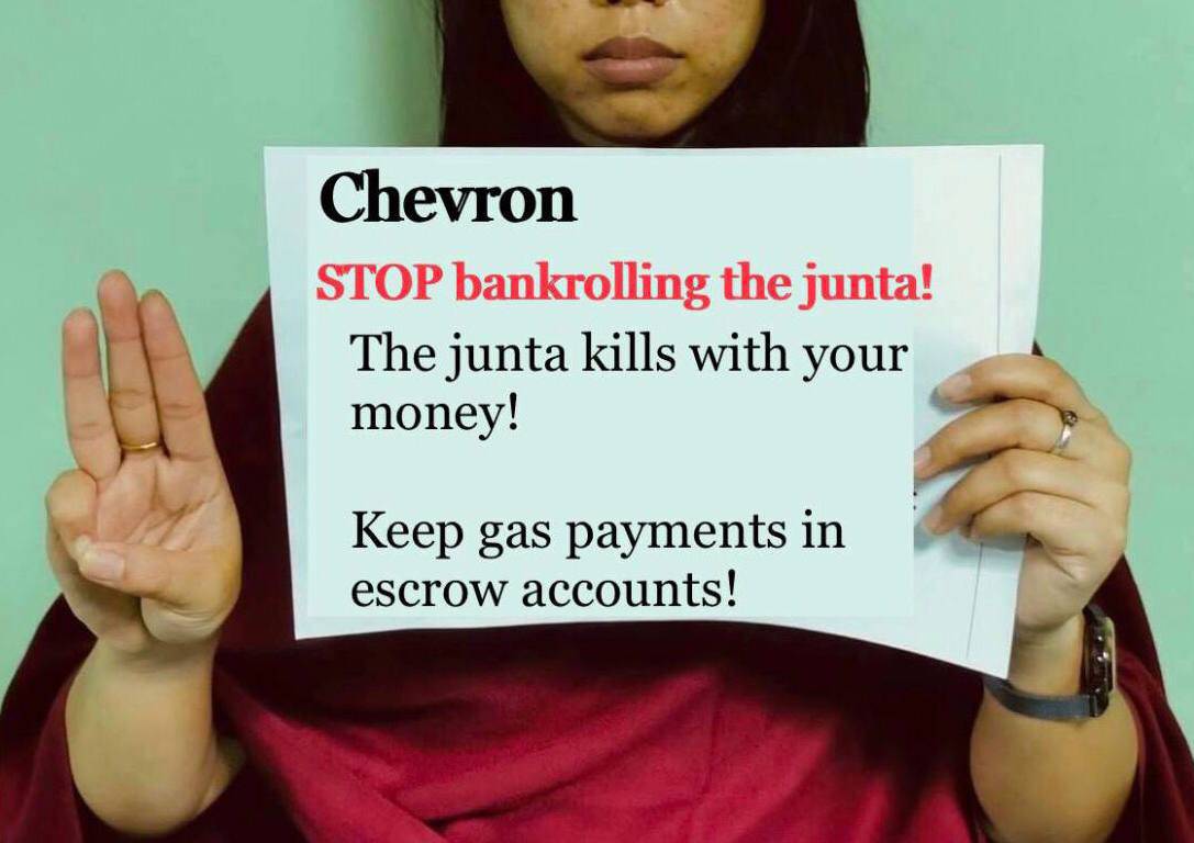 MOGE is the main source of hard currency for the military junta to buy arms internationally. It has been over a year since the military launched their unsuccessful coup &amp; it is well beyond time for <a href="/Chevron/">Chevron</a>. #KeepInEscrowAccount
  #Chevron_StopSponsoringJunta