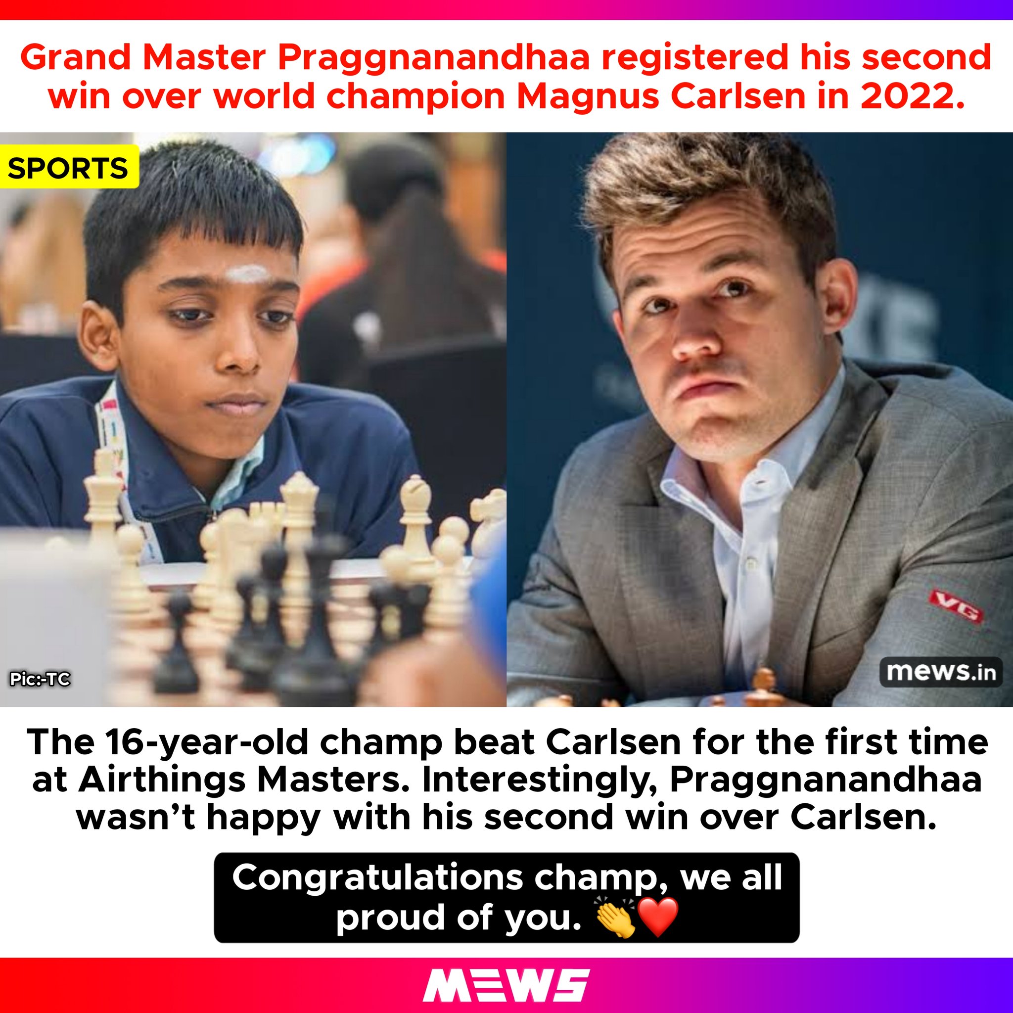 Chess: India's Praggnanandhaa beats world champion Magnus Carlsen for the  second time in 2022