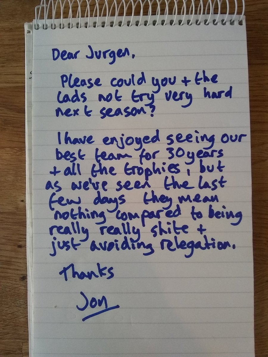 I've written the big man a letter. I'm fed up of all this winning stuff carry on, I want to witness the glory of being really crap and just surviving relegation. If it goes ignored I'll write to John Henry demanding Klopp is replaced with Sean Dyche or Sam Allardyce