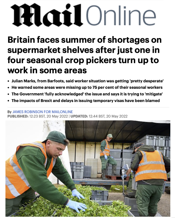 The Mail (for years) : We don't want you foreigners here. Vote Brexit everyone ! Let's send the migrants home !

The Mail (today) : Why aren't you people 'turning up' (the sense of entitlement in that verb ! 👇) to pick our vegetables any more ? 🤡