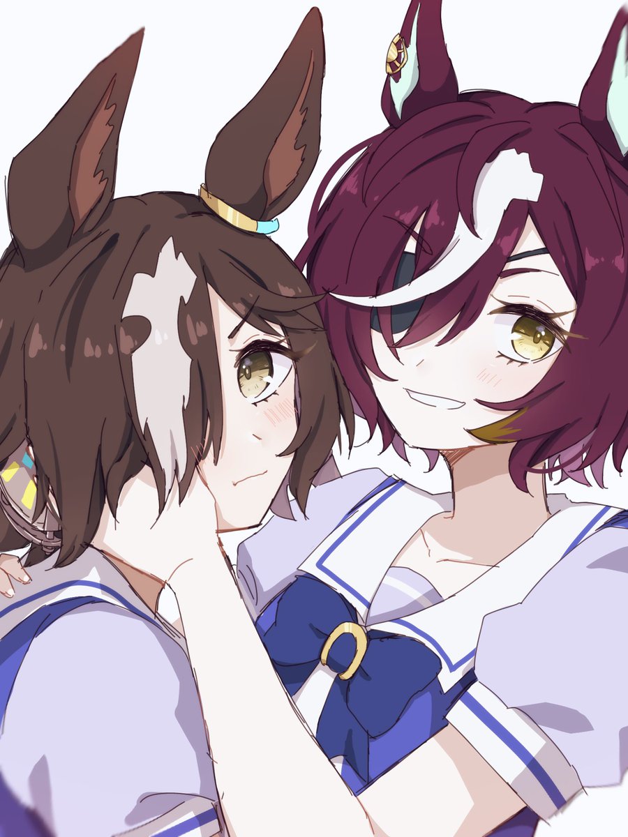 vodka (umamusume) multiple girls 2girls animal ears horse ears brown hair eyepatch tracen school uniform  illustration images