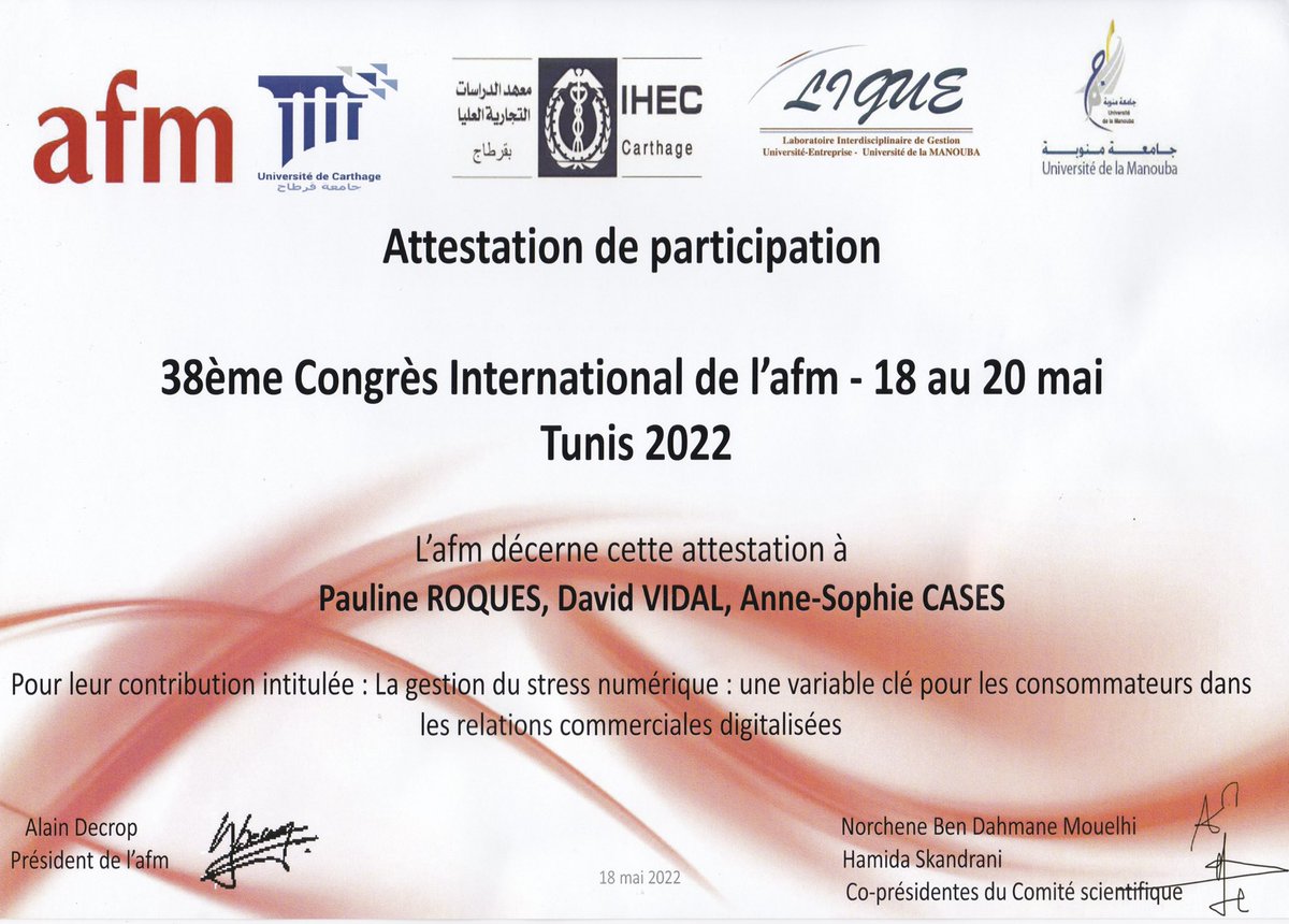 Clap de fin pour ma première participation au Congrès International de l’@afm_marketing à Tunis !
Une expérience enrichissante pour présenter nos recherches dans le cadre du projet <a href="/HUTmtp/">HUTmtp</a> avec David Vidal et Anne-Sophie Cases !