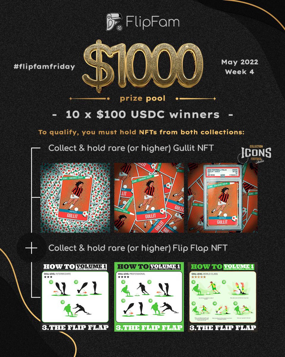 #FlipFamFriday $1000 USDC prize pool 😎

✅ Top 10 most active players
✅ Hold min. x1 #FlipFam Rare (or higher) Gullit #NFT
✅ Hold min. x1 #FlipFam Rare (or higher) Flip Flap #NFT

Winners will be announced Friday 27th May. Good luck players! 🎯