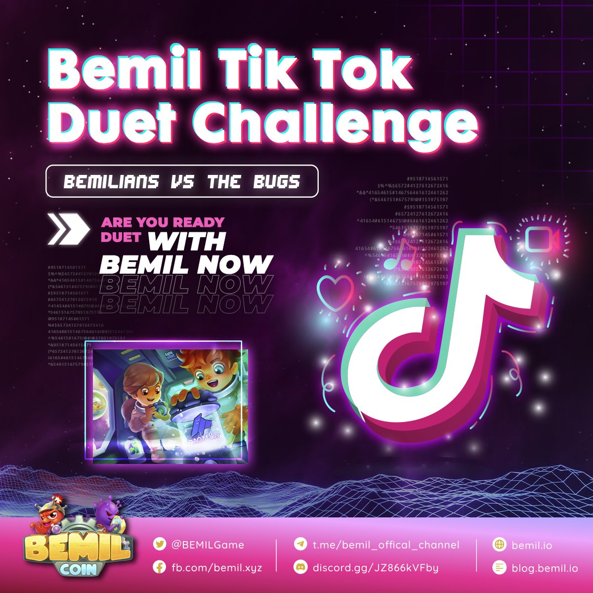 🔥 A very hot challenge in May, where Bemilians defend the bugs and become heroes and duet with Bemil on the Tiktok platform. Come and join us in Bemil Tik Tok Duet Challenge 

Find out everything about this challenge here 👉 facebook.com/bemil.xyz/post…