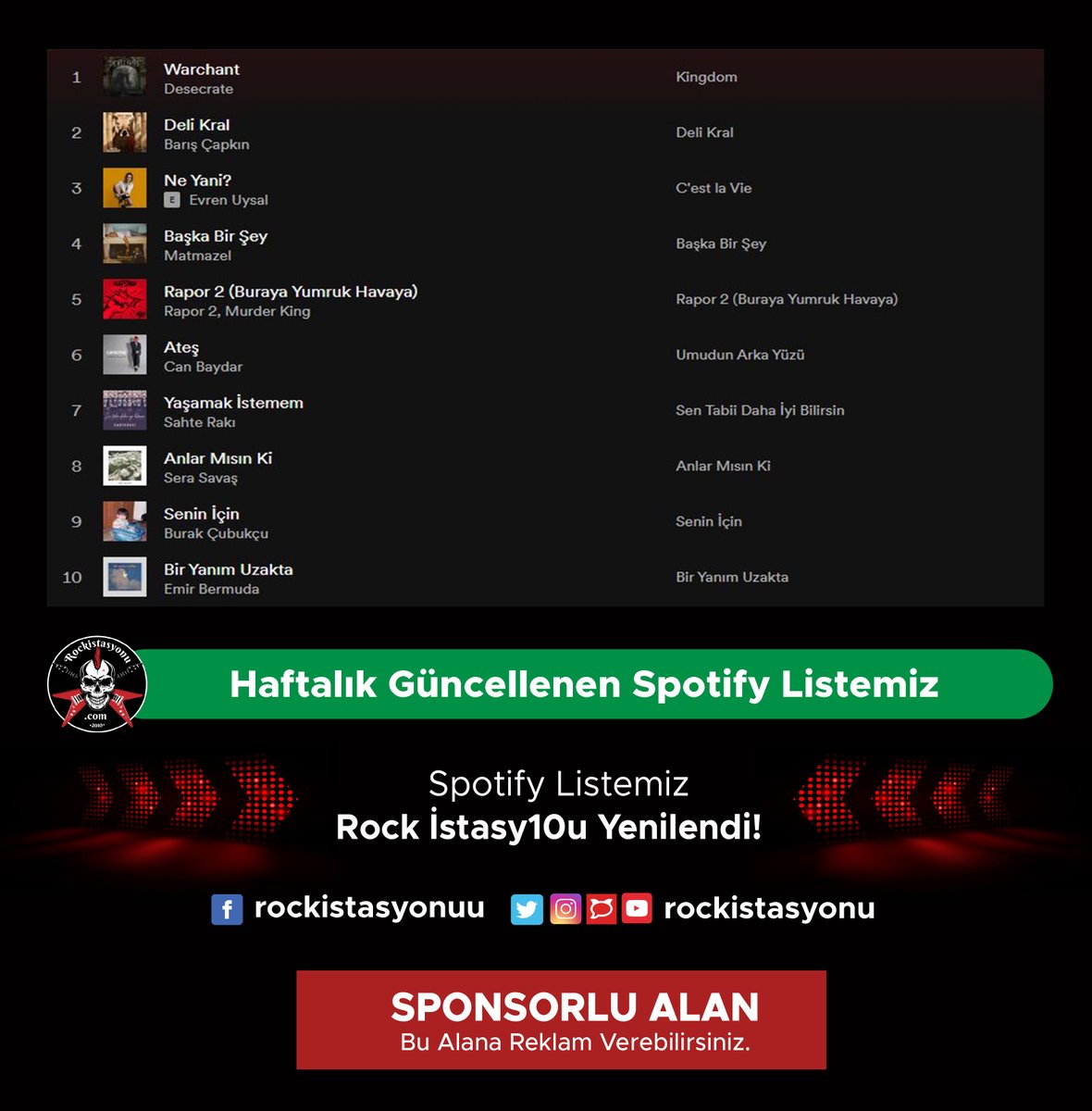 Spotify listemiz "Rock İstasy10u"nda bu hafta açılışı death metal gruplarımızdan <a href="/desecrateturkey/">DesecrateOfficial</a> yaparken, @OnAirSahne'den sistem karşıtı şarkısıyla <a href="/bariscapkin/">Barış Çapkın</a>, <a href="/evrenuysal/">Evren Uysal</a> <a href="/matmazelband/">MATMAZEL</a>, Sera Savaş, <a href="/burakkcubukcu/">Burak Çubukçu</a> ve <a href="/EmirBermuda/">Emir Bermuda</a> listemizin yenileri ✨
spoti.fi/384qDRo
