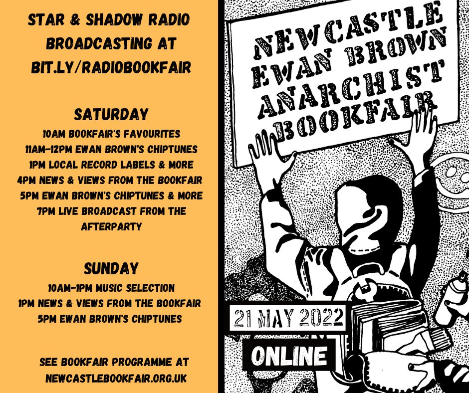 Tune in to the bookfair radio - Saturday &amp; Sunday from 10am on Star &amp; Shadow radio -  bit.ly/RADIOBOOKFAIR 

Hear bookfair favourites, music by Ewan Brown, and local record labels, plus snippets from the bookfair workshops &amp; stalls.