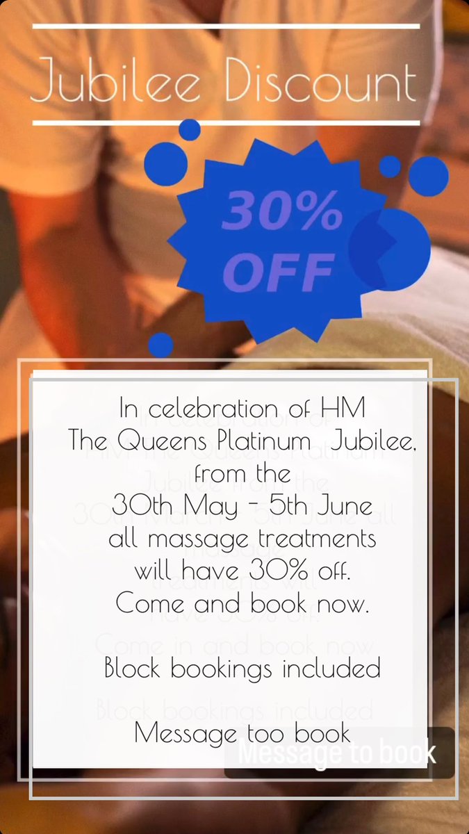 ajm_2120's tweet photo. 30% off for HRH The Queens jubilee. Book now :) 

#massage #discount #relax #Wellbeing #wellness https://t.co/22wpNqcar0