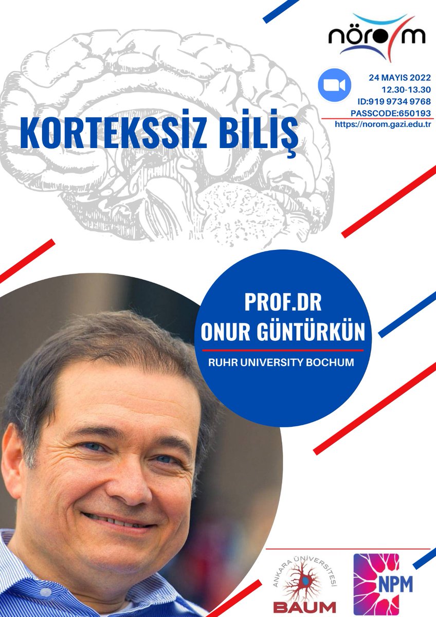 noromofficial's tweet photo. 📢NÖROM semineri;

"Kortekssiz Biliş"

Konuşmacı: Prof. Dr. Onur Güntürkün
Tarih: 24 Mayıs 2022  
Saat: 12:30-13:30

ZOOM Bağlantı Bilgileri:
ID: 919 9734 9768
Passcode: 650193 https://t.co/PmxtviiLWn