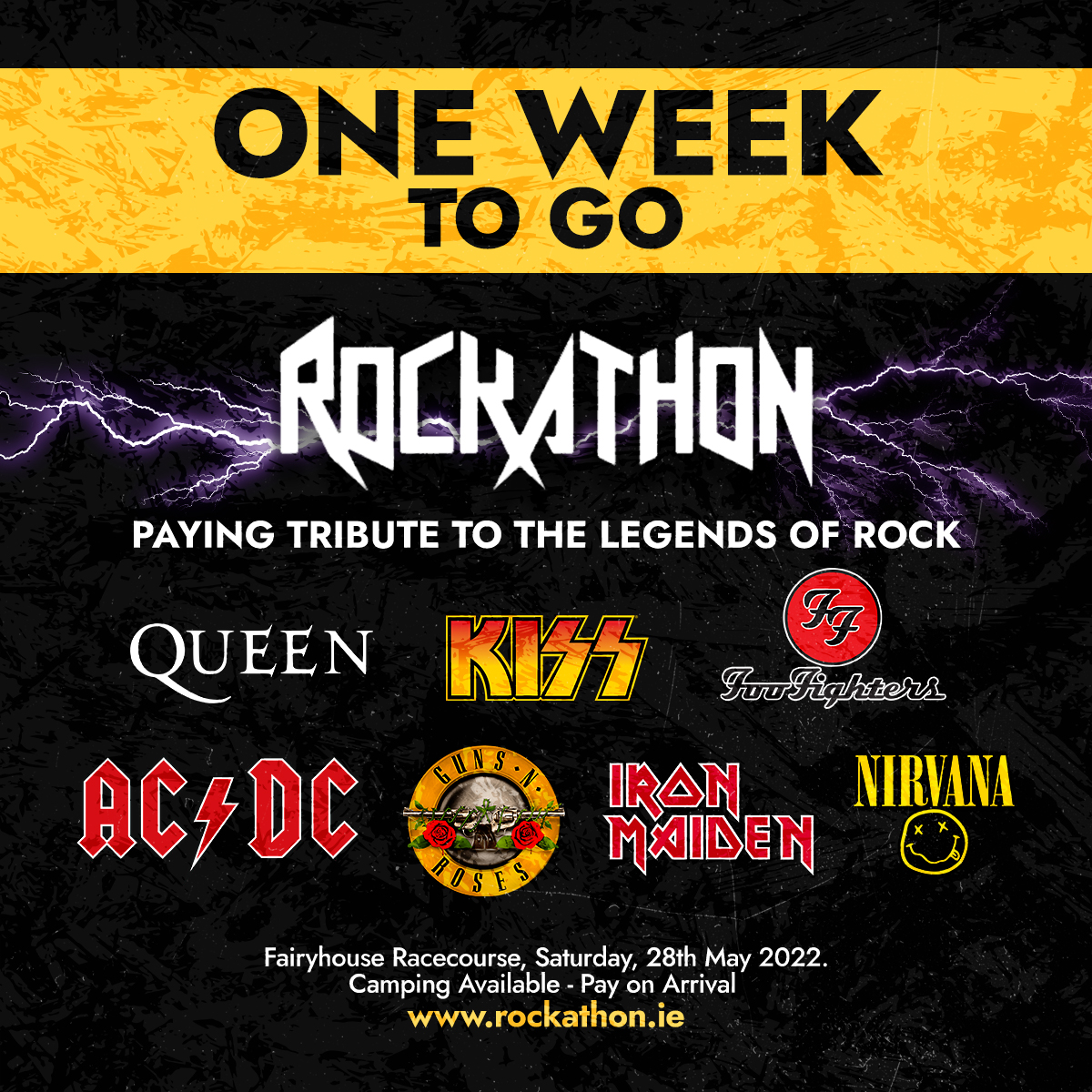 𝗢𝗡𝗟𝗬 𝗢𝗡𝗘 𝗪𝗘𝗘𝗞 𝗧𝗢 𝗚𝗢🤘🏼🎸 Do you know any other rock music lovers who should go to Fairyhouse Racecourse for an unbelievable day of rock music on Saturday, 28th May? #Rockathon #Rockathon2022 #RockFestival