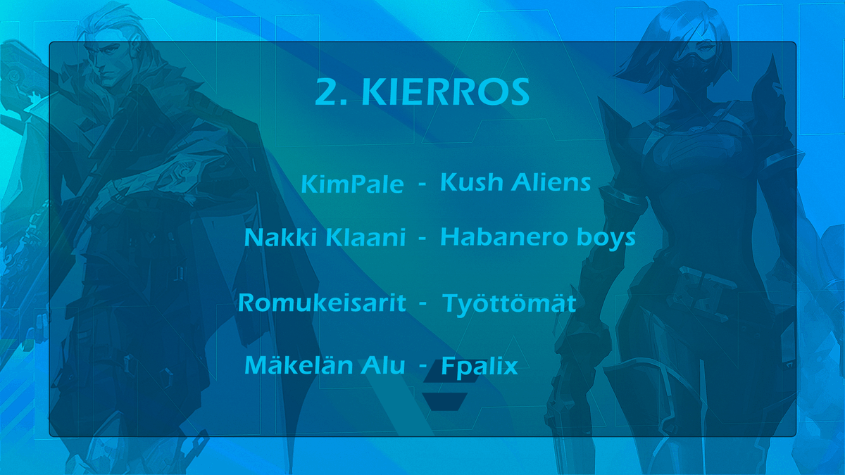 🔥Toinen kierros lähtee käyntiin nyt!
💎twitch.tv/valorant_fi kanavalla Mäkelän Alu vs. Fpalix ja casterina Talizo!