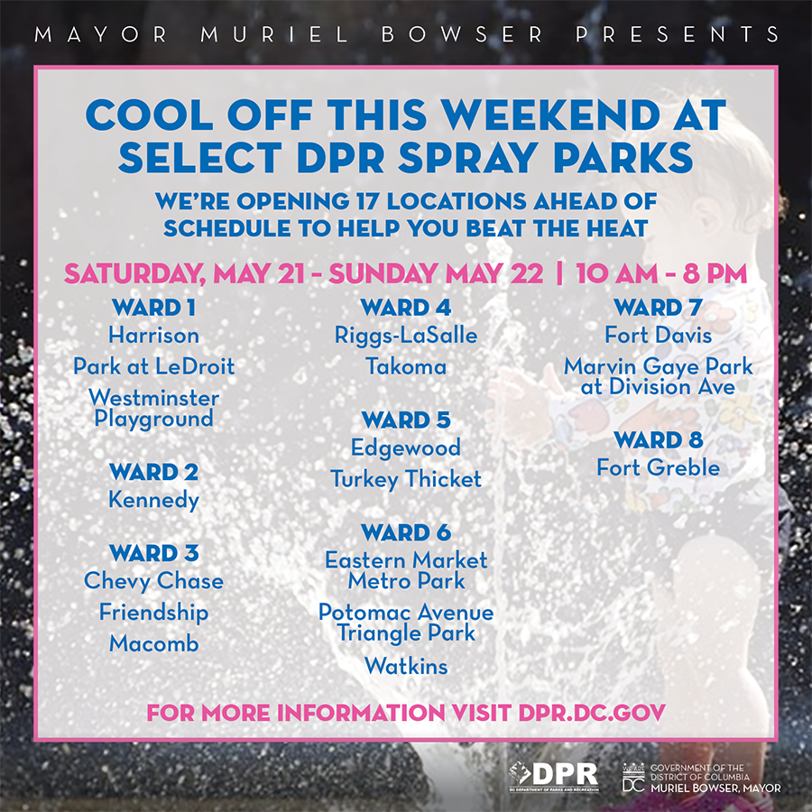 DCDPR's tweet photo. 🚨The temps are rising and something cool this way comes. 
Parents - We are opening nearly half of our splash parks a week early!  One in every ward!
💦 TODAY 10AM - 8PM
💦 SUNDAY 10AM - 8PM
Info: https://t.co/hUlH4aFwj0 https://t.co/HJ44PZlcOC