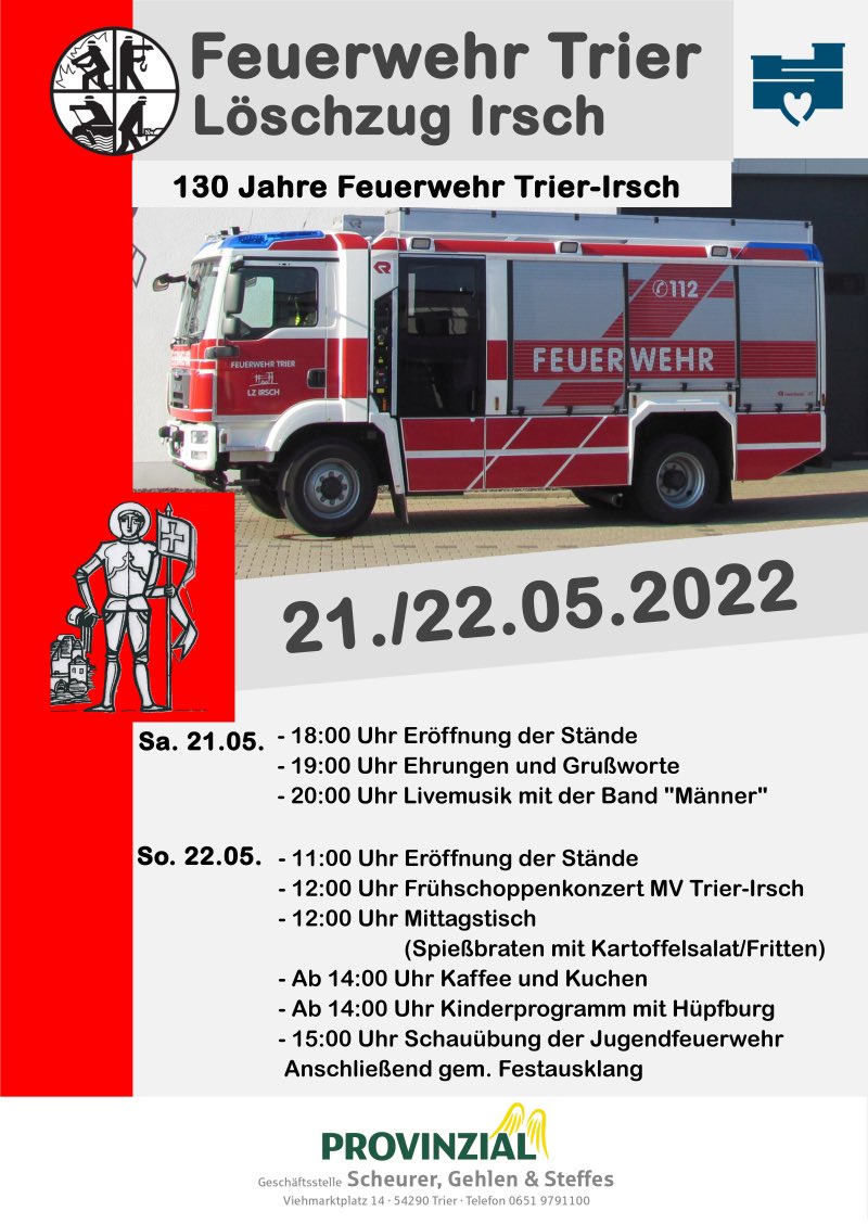 FeuerwehrIrsch's tweet photo. (1) Heute ist es soweit: wir feiern unser Jubiläumswochende anlässlich „130 Jahre Feuerwehr Trier-Irsch“

#FeuerwehrTrier #Immerda #WirfürTrier https://t.co/Xx7kEYByrm