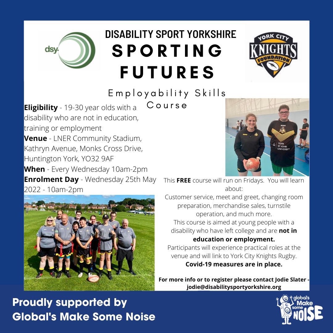 prentis_adam's tweet photo. The @yckfoundation have teamed up with @DisSportYorks to deliver our a new a #SportingFutures project!!
Open for 19-30 year olds with a disability who are not in education or employment!
Head to the LNER Stadium on Wed 25th for more info and to enrol! ๐ https://t.co/n0Abp51EQQ