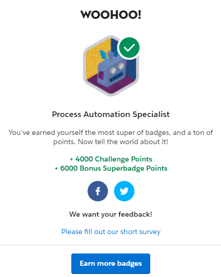 HussainD_H's tweet photo. Just earned the Process Automation Specialist badge on @Trailhead and you should too! https://t.co/EMkHRUMHlX
@satyagoluguri 
@MVGRCEA 
@amandabauman 
@SfdcKiran 
@kavindrapatel 
@Bhanz19 https://t.co/sHNlU6f7Gv
