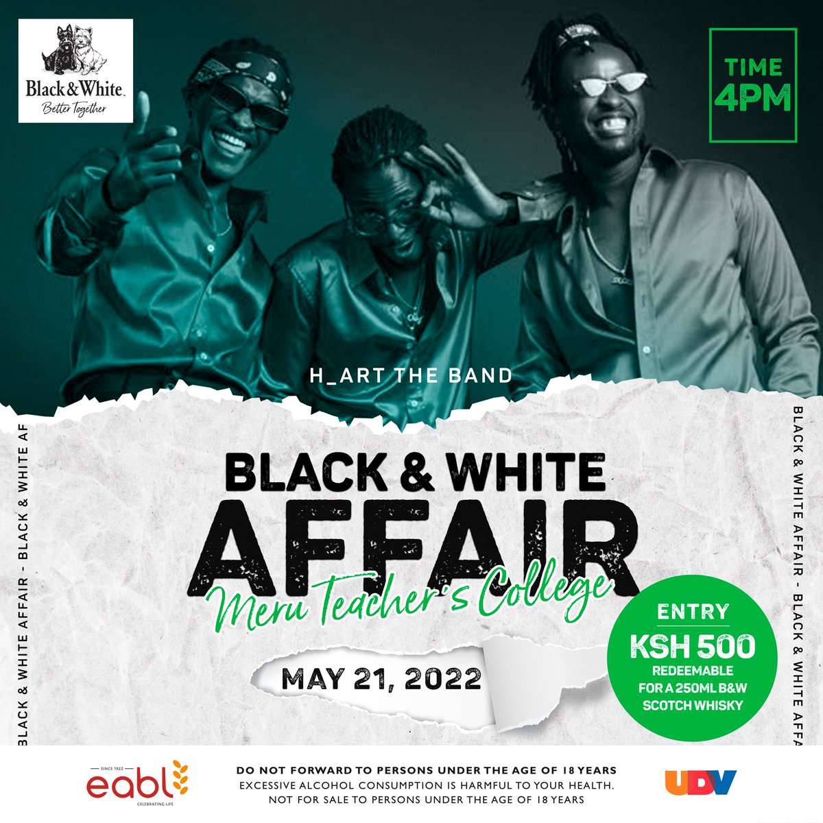 Hola!Today Meru Teachers 4pm untill late,come &amp;experience Black&amp;white event affair that harnesses the optimism of groups inspiring a brighter tomorrow! DJ Pierra,H_Art band will be present.Entry 500bob redeemable for 250ml B&amp;w Scotch. @blackandwhiteke #BWAFFAIR #BWBetterTogether