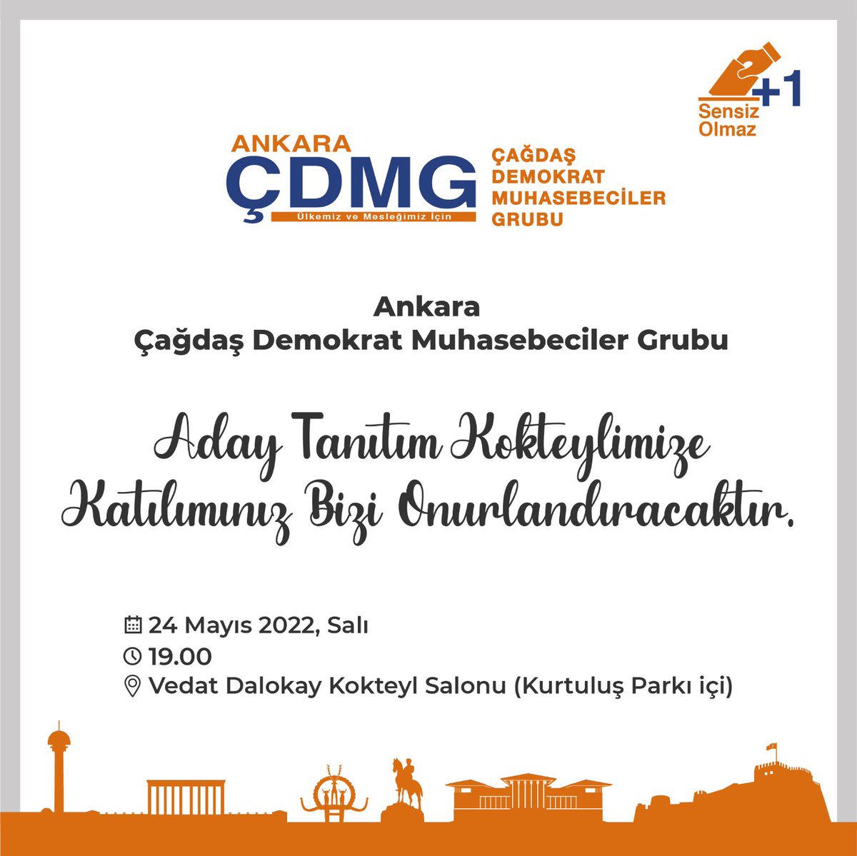 Ülkemize, mesleğimize ve odamıza sahip çıkacağız; birlikte üretip birlikte yöneteceğiz. 24 Mayıs Salı günü 19.00’da Vedat Dalokay Kokteyl Salonu’nda gerçekleştireceğimiz Aday Tanıtım Kokteylimize katılımınızdan onur duyarız..
#AÇDMG #ÇDMG #ASMMMO