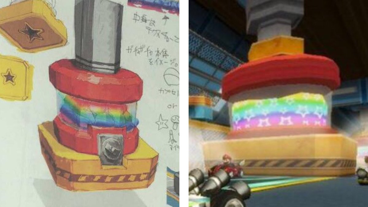 Did you know that originally the bottom of the pillar had a 5-point star, instead of 4! See here the original concept art for Toad's Factory item box machine. #MarioKart

For more facts follow: <a href="/MarioKartFacts/">Mario Kart Facts</a>