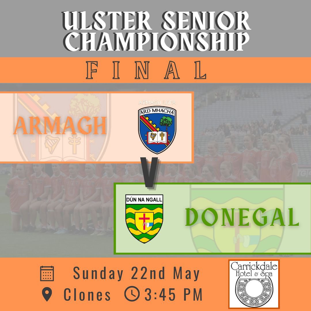 Best wishes to the Marley sisters, Niamh, Catherine and Sarah in tomorrow’s senior ladies #ulsterfinal <a href="/ArmaghLGFA/">ArmaghLGFA</a> v <a href="/donegalgaa/">Donegal GAA</a>. 

Full coverage of the Ulster Final live on the BBC Sport NI website &amp; BBC iPlayer.
Throw in 3.45pm tomorrow! 

C’mon Armagh 👏👍