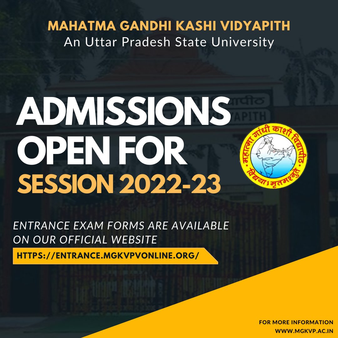 mgkvpofficial's tweet photo. The admission process has started for the session 2022-23 in Mahatma Gandhi Kashi Vidyapith

Applicants can now apply for the Entrance Exam (2022-23)

Website : https://t.co/dU5BPuFJAm https://t.co/OndKBIF8qR