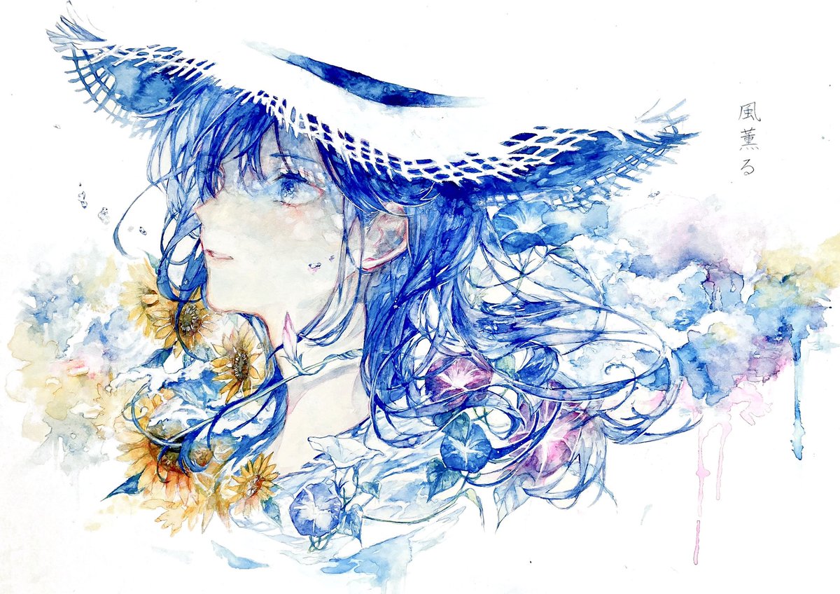 1girl solo hat flower blue hair watercolor (medium) painting (medium)  illustration images