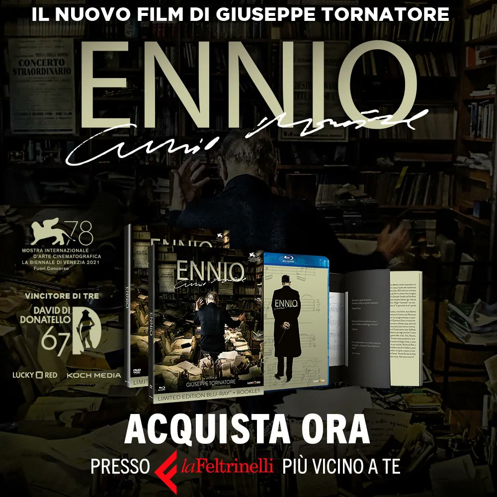 PlaionItalia's tweet photo. Un nome che ha segnato la storia del cinema; un omaggio che svela i lati più nascosti della sua vita e delle sue opere. Vincitore del Nastro d'Argento 2022 e di 3 statuette ai #David67, il docufilm #Ennio - di @luckyredfilm - vi aspetta in @LaFeltrinelli in DVD e Blu-ray! https://t.co/VGzEynVSKn