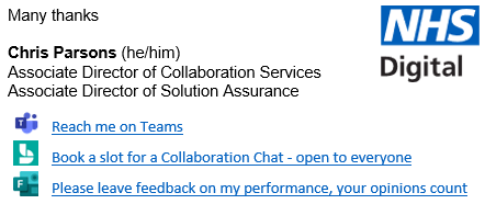 ParsonsC446's tweet photo. Inspired by @KevinUpshaw92, I've made myself more accessible if you want to chat about NHSmail, O365 or wider collaboration and digital transformation in health &amp; care

👉Book a slot to chat: https://t.co/EZZq3vbM08 

👉Provide feedback on my performance:
https://t.co/QQZSOfxMtt https://t.co/E9bEUtRkoy