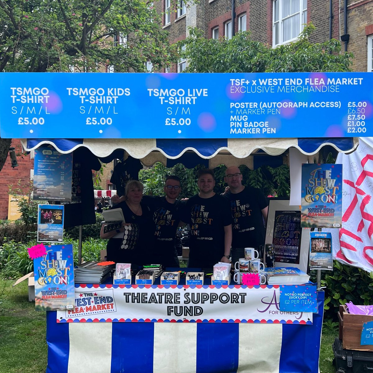 Team @theatre_support are out in full force today for The West End Flea Market at St Paul’s in Covent Garden. Get your hands on LIMITED EDITION merchandise and by buying one of The Show Must Go On! x The West End Flea Market £5 poster, you’ll get access to the Autograph Tent 🎪