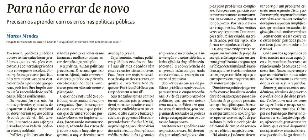 mjmendes65's tweet photo. Coluna de hoje: aprender com os erros é fundamental para ter políticas públicas melhores. Esse é o tema central do livro "Para não esquecer: políticas públicas que empobrecem o Brasil". 👇Falo mais sobre o livro no fio a seguir. https://t.co/opSh6x6STk