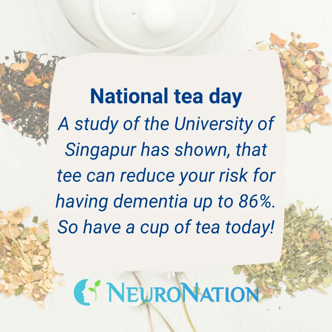 NeuroNation's tweet photo. Did you know that drinking a cup of green or black tea can reduce your dementia risk? 🍵
This and training your brain regularly with NeuroNation will keep your head healthy and active.
#neuronation #InternationalTeaDay #dementia #prevention #healthyaging #brainhealth https://t.co/JMEdlTAqeI